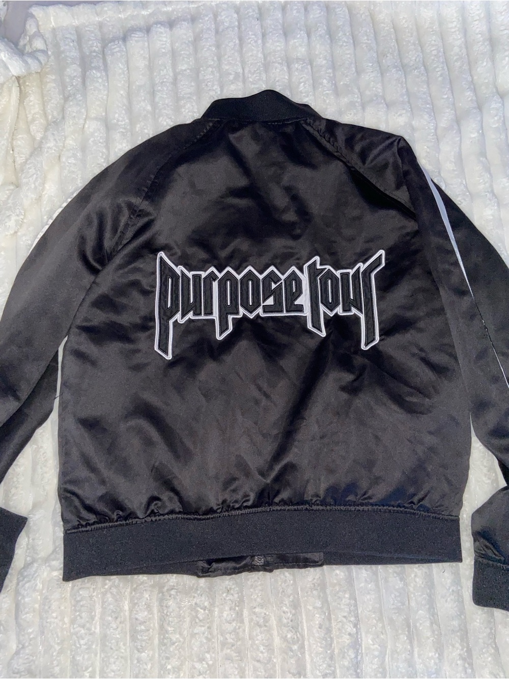Justin Bieber Purpose tour merch Black Satin Bomber jacket